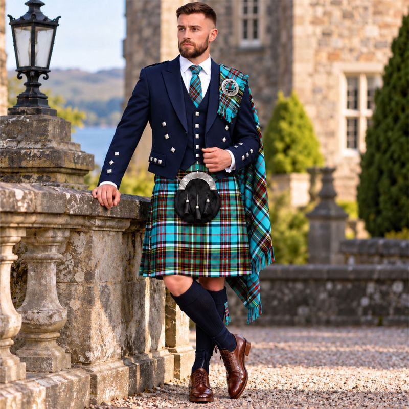 Anderson Muted Tartan Kilt Outfit With Navy Blue Argyle Jacket