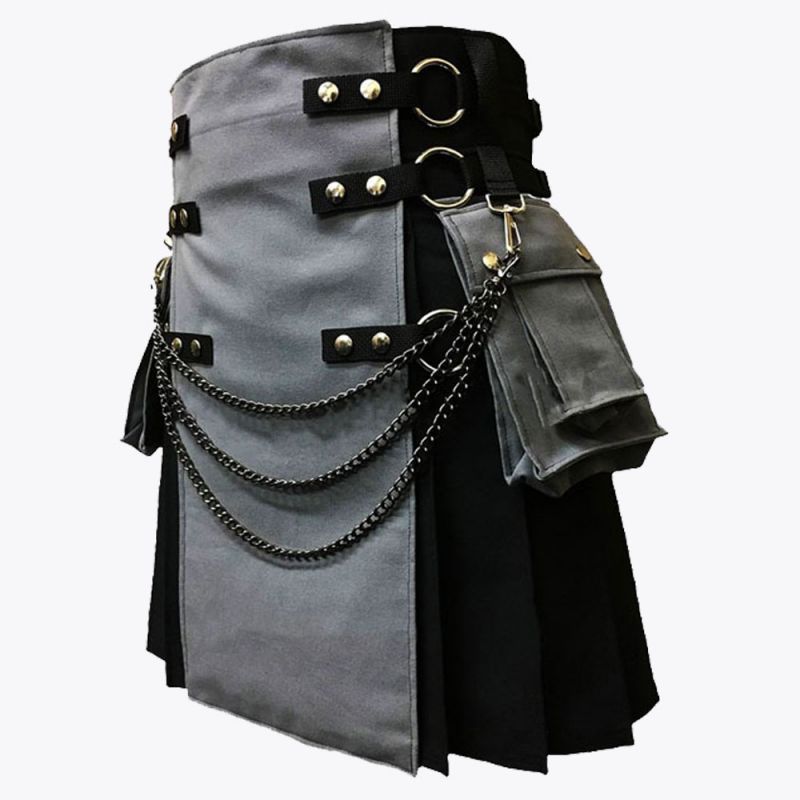 Black & Grey with Chains Hybrid Utility Kilt For Men
