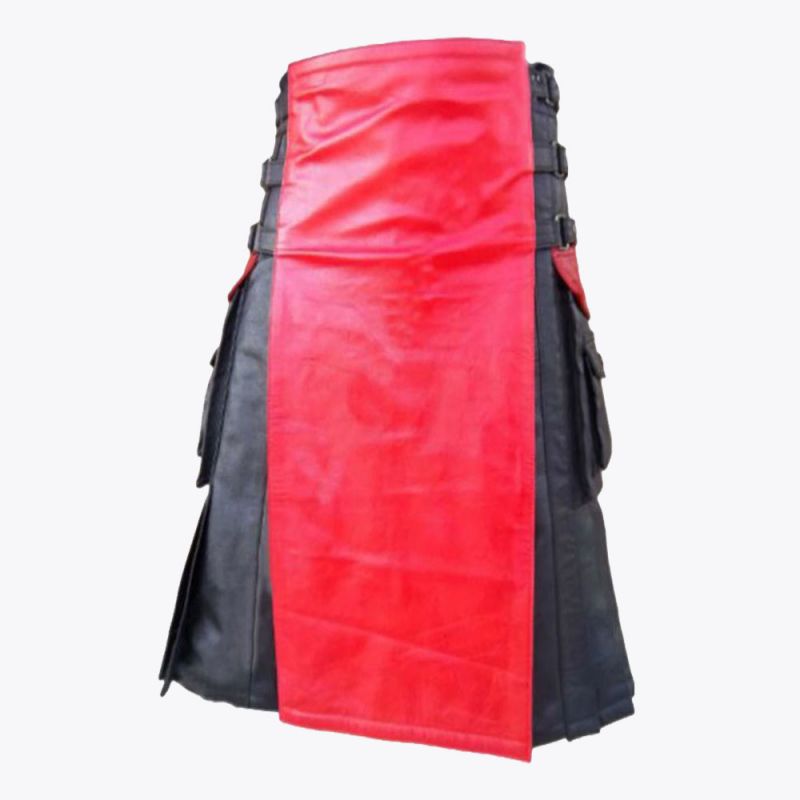 Black & Red Leather Kilt For Men
