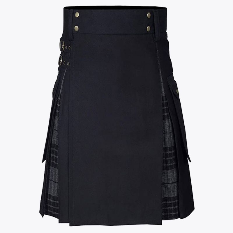 Black COTTON & Gray Watch Tartan Hybrid Utility Kilt
