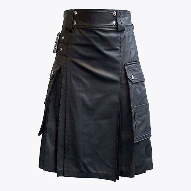 Black Leather Kilt with Cargo Pockets
