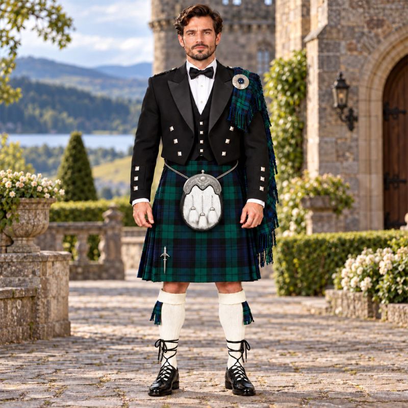 Prince Charlie Deluxe Black Watch Tartan Formal Kilt Outfit