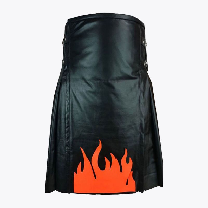 Fire Flame Black Leather Kilt
