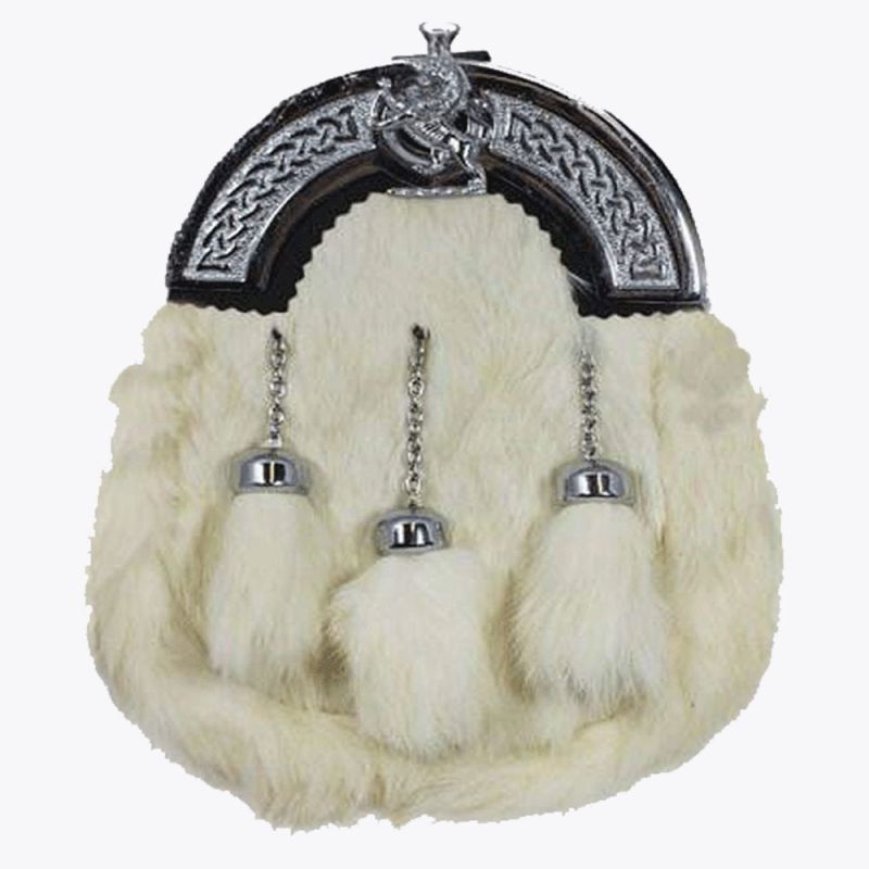 Full Dress Sporran White Rabbit Fur Chrome Lion Emblem
