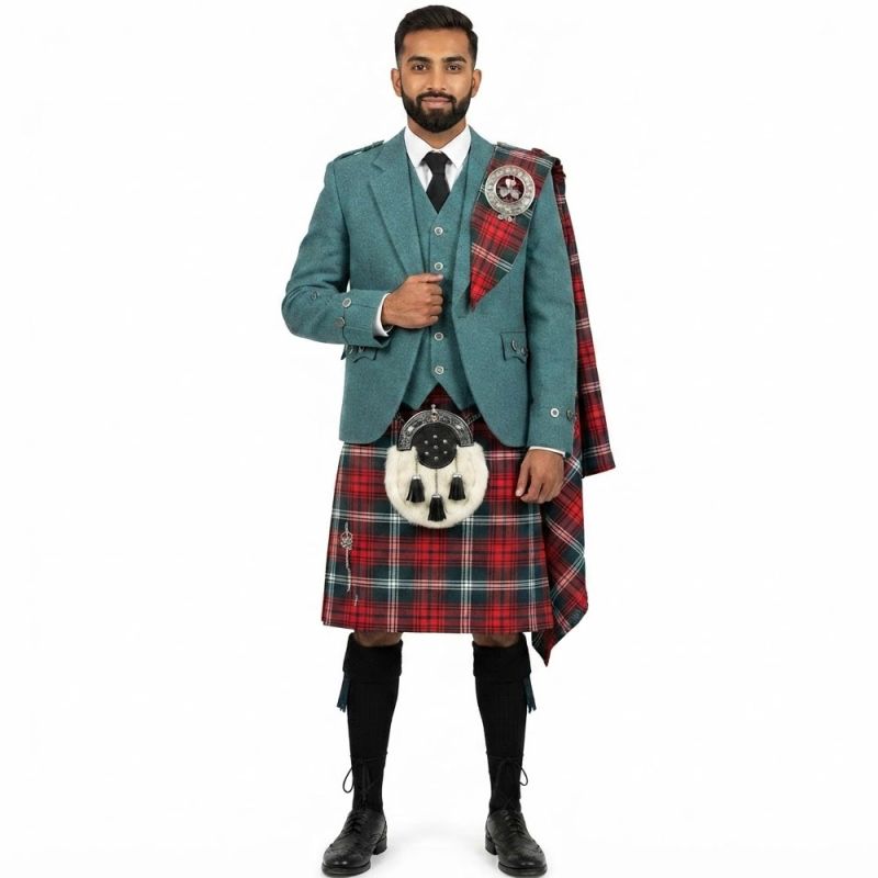 Lovat Green Argyll Jacket With Tartan Kilt Outfit