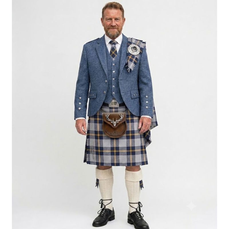 Redbull tartn kilt with Indigo Blue Tweed Argyle Jacket Kilt Outfit