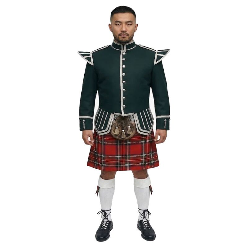 Royal Stewart Tartan Doublet Kilt Outfit with Dark Green Jacket Outfit