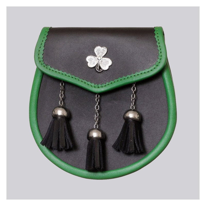 Shamrock Emblem Black Leather Sporran With Green Trim