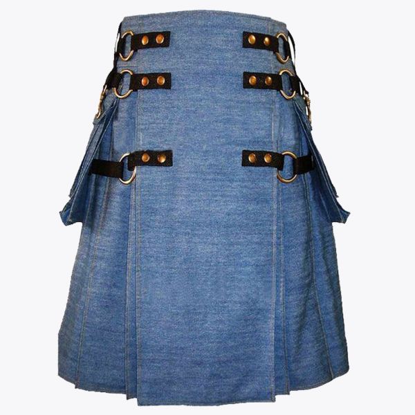 Blue Denim Cargo Fashion Utility Kilt
