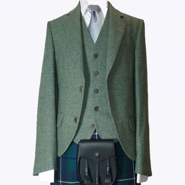 Premium Lovat Green Tweed Dress Kilt Jackets with Vest