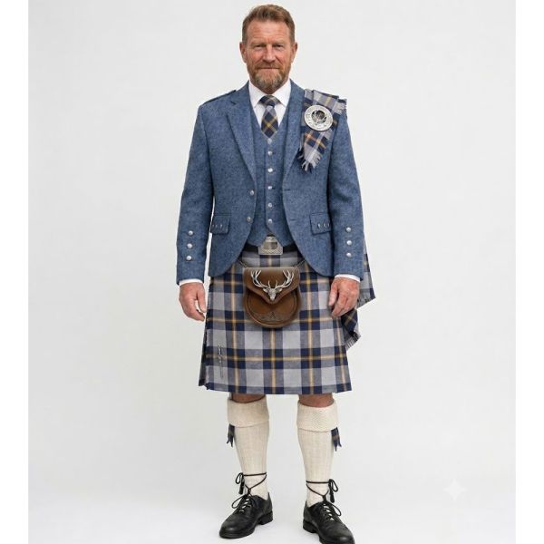 Redbull tartn kilt with Indigo Blue Tweed Argyle Jacket Kilt Outfit