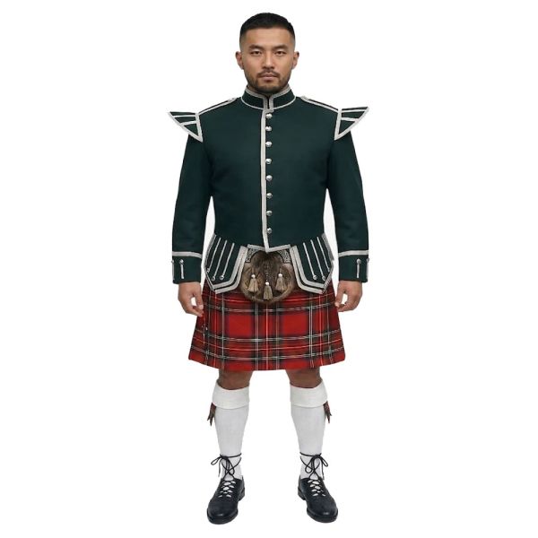 Royal Stewart Tartan Doublet Kilt Outfit with Dark Green Jacket Outfit
