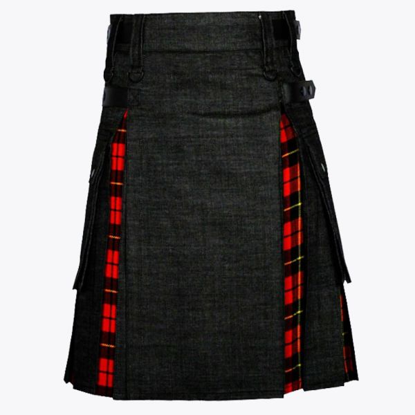 Wallace Tartan & Black Denim Hybrid Utility Kilt For Men
